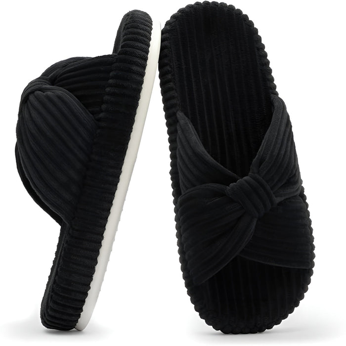 Textured Corduroy Slide Slippers With Soft Plush Lining