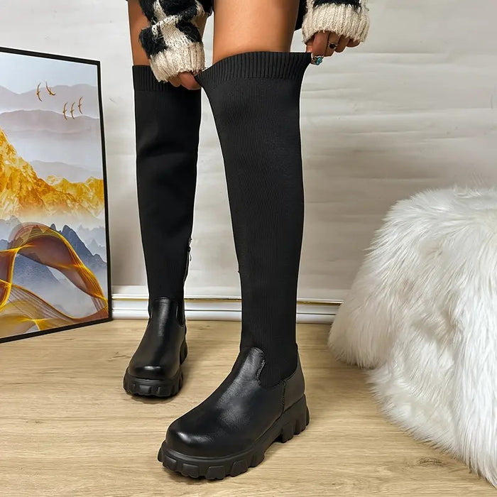 Womens Thigh High Stretch Knit Boots