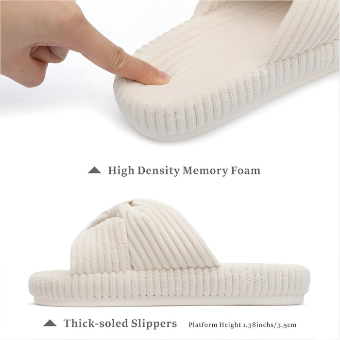 Textured Corduroy Slide Slippers With Soft Plush Lining
