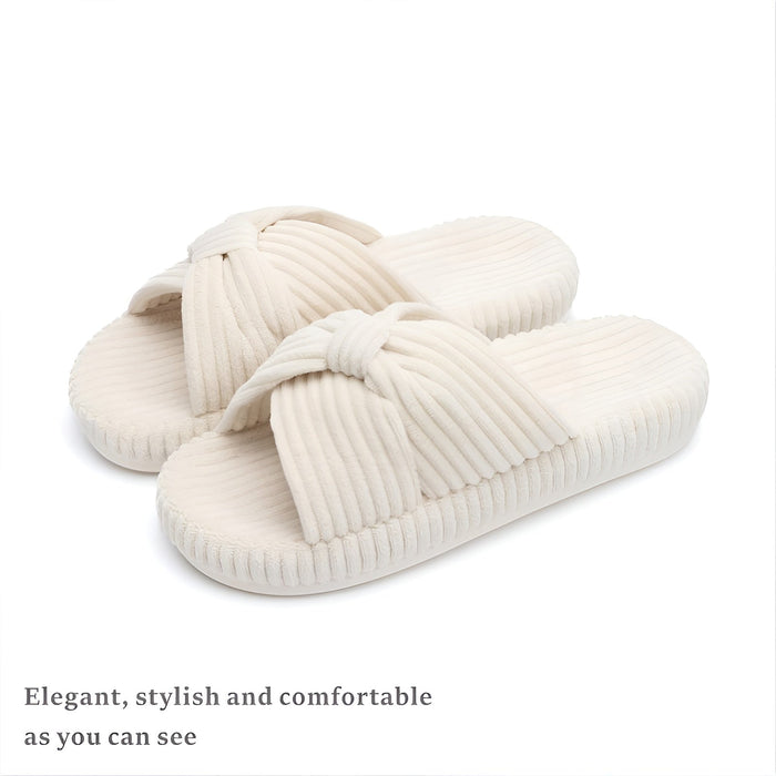Textured Corduroy Slide Slippers With Soft Plush Lining